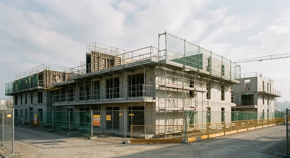 Chantier de bâtiment sécurisé (garde-corps, filets, signalisation)